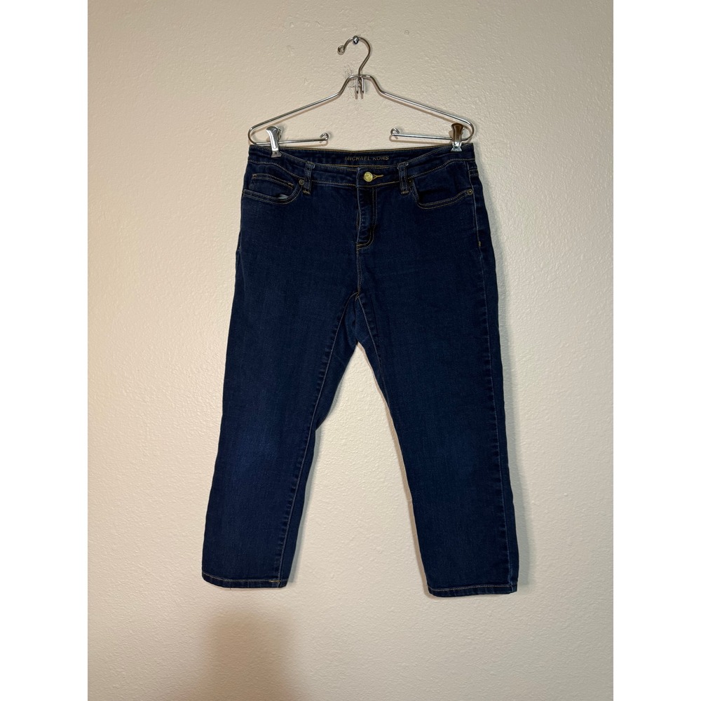 Michael Kors‎ Womens Dark Wash Cropped Capri Jeans Blue Gold Logo Size 10
